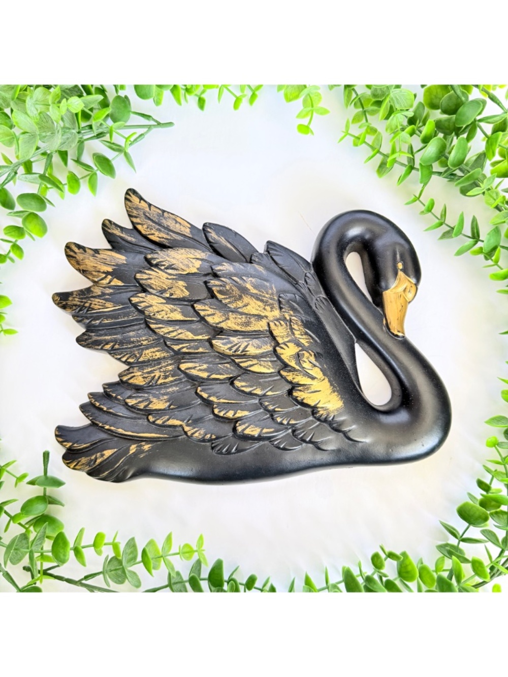 VTG 60s Black Gold Swan Chalkware Retro Kitsch Moody Dark Cottagecore Wall Decor